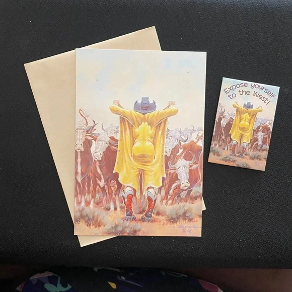 Leanin' Tree Greeting Card/Magnet Cowboy Steer Cows Wild West Mike Scovel VTG - Picture 1 of 11
